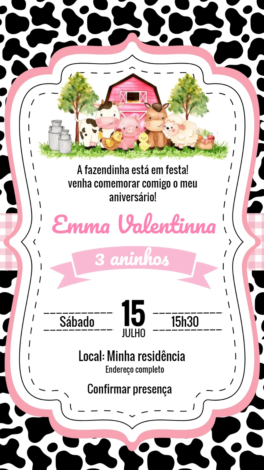 Convite Aniversário Fazendinha Rosa para Editar Online