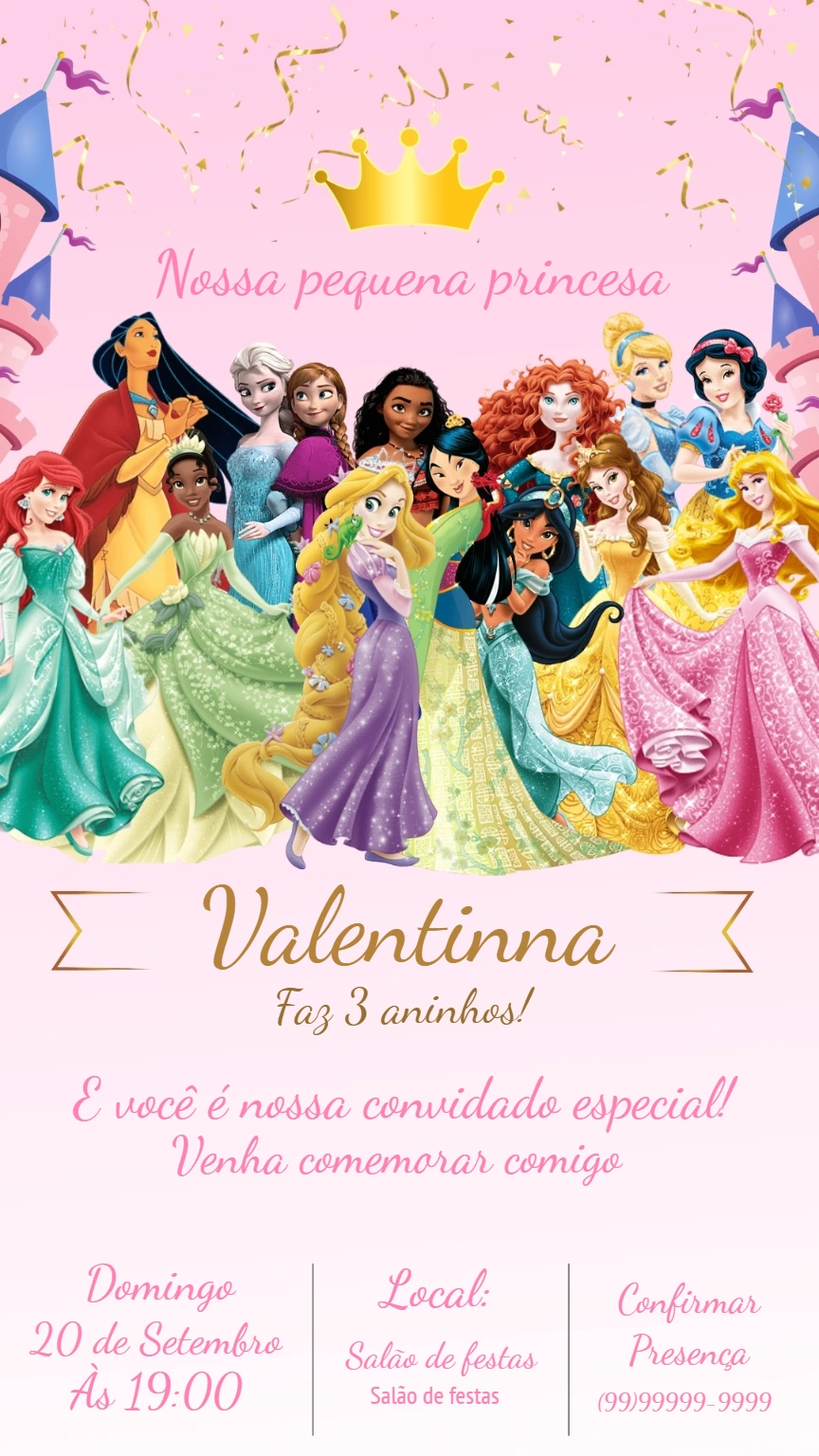 Convite de Aniversário Princesas da Disney para Editar Online