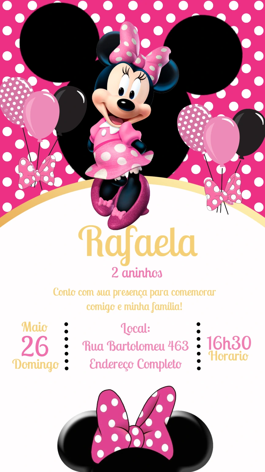 Convite de Aniversário Minnie Rosa para Editar Online Grátis