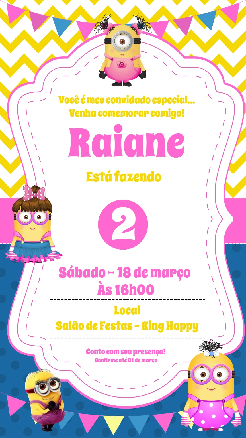 Convite de Aniversário Minions Rosa Editável para Menina