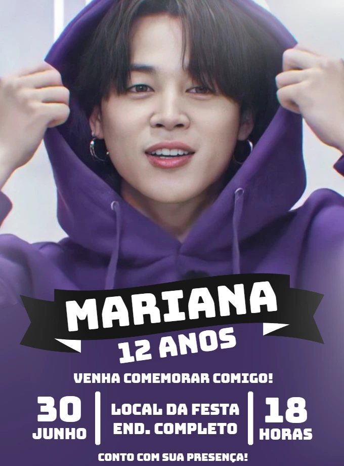 Convite de Aniversário Jimin BTS para Editar e Imprimir