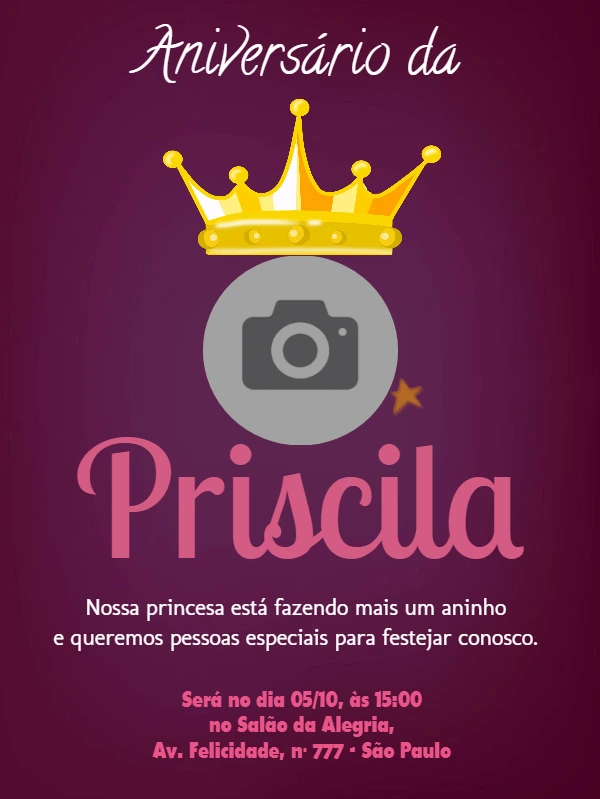 Convite de Aniversário Princesa com Foto para Editar Online