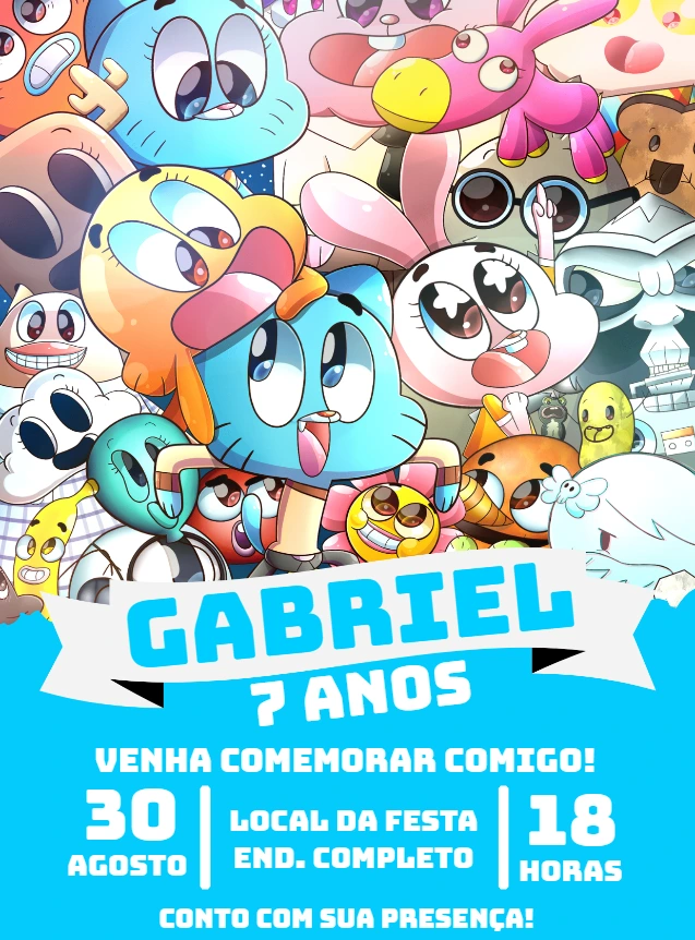 Convite Aniversário O Incrível Mundo de Gumball para Editar