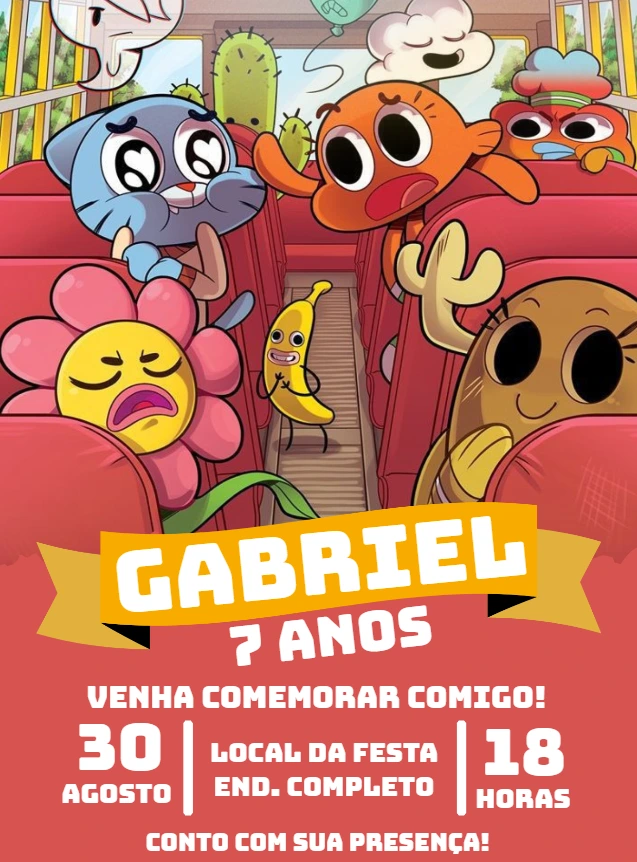 Convite Aniversário Gumball com Personagens para Editar Online