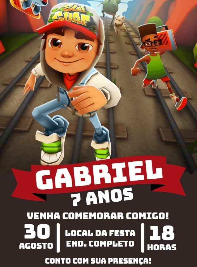 Convite de Aniversário Subway Surfers para Editar Online