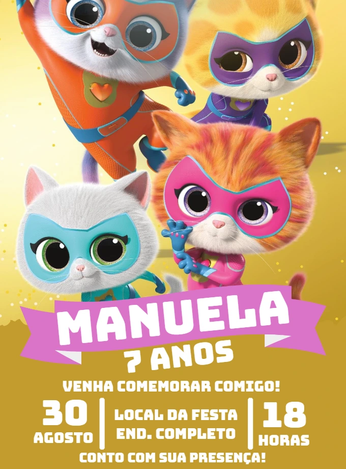 Convite de Aniversário Super Kitties para Editar Online