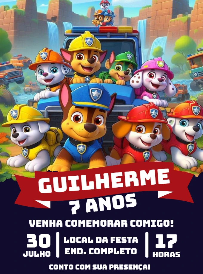 Convite Aniversário Patrulha Canina para Editar Online