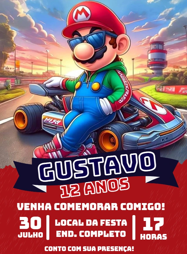 Convite Aniversário Super Mario Kart para Editar Online