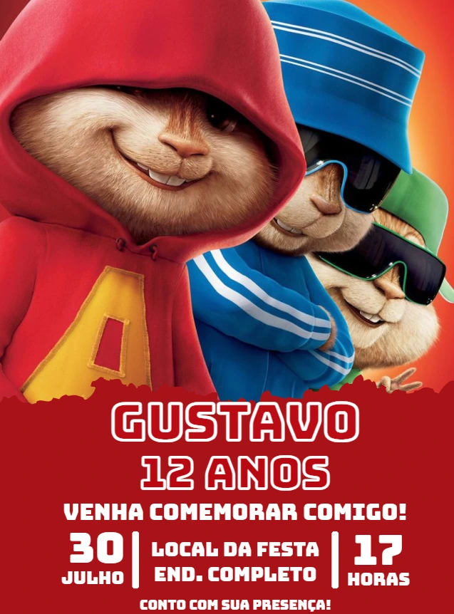 Convite de Aniversário Alvin e os Esquilos para Editar Online