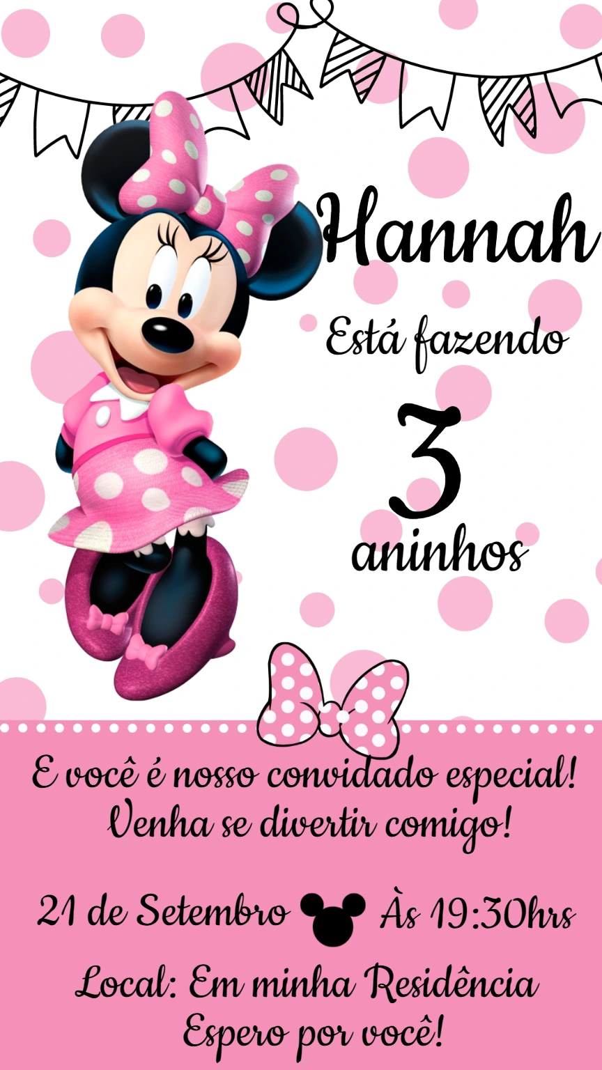 Convite Aniversário Minnie Mouse Rosa para Editar Online