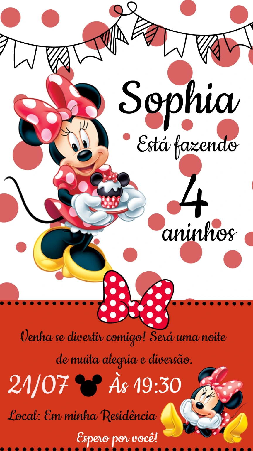 Convite de Aniversário Minnie Mouse Vermelha para Editar Online