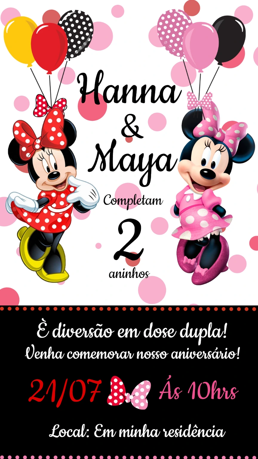 Convite Aniversário Minnie Duplo para Editar Online