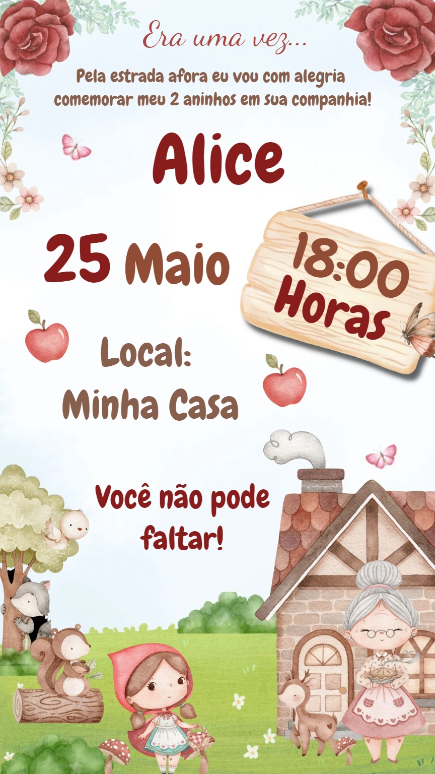 Convite Aniversário Chapeuzinho Vermelho para Editar Online