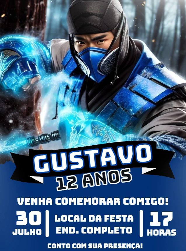 Convite Aniversário Sub-Zero Mortal Kombat para Editar Online