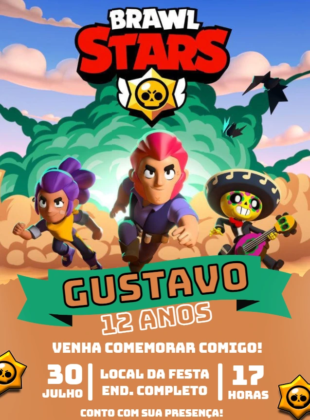 Convite de Aniversário Brawl Stars com Personagens para Editar