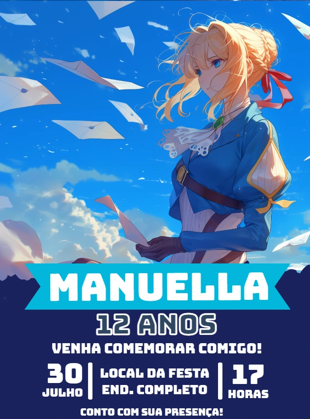 Convite Aniversário Violet Evergarden para Editar Online