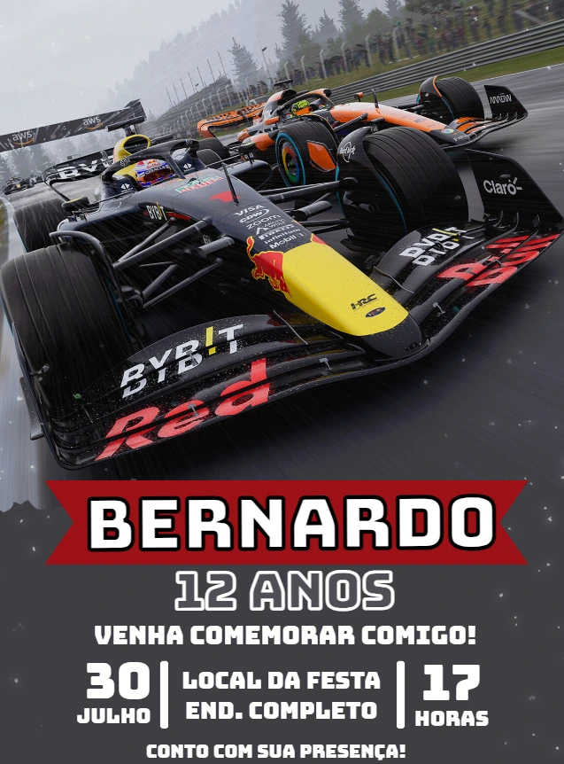 Convite Aniversário Fórmula 1 com Carro de Corrida para Editar