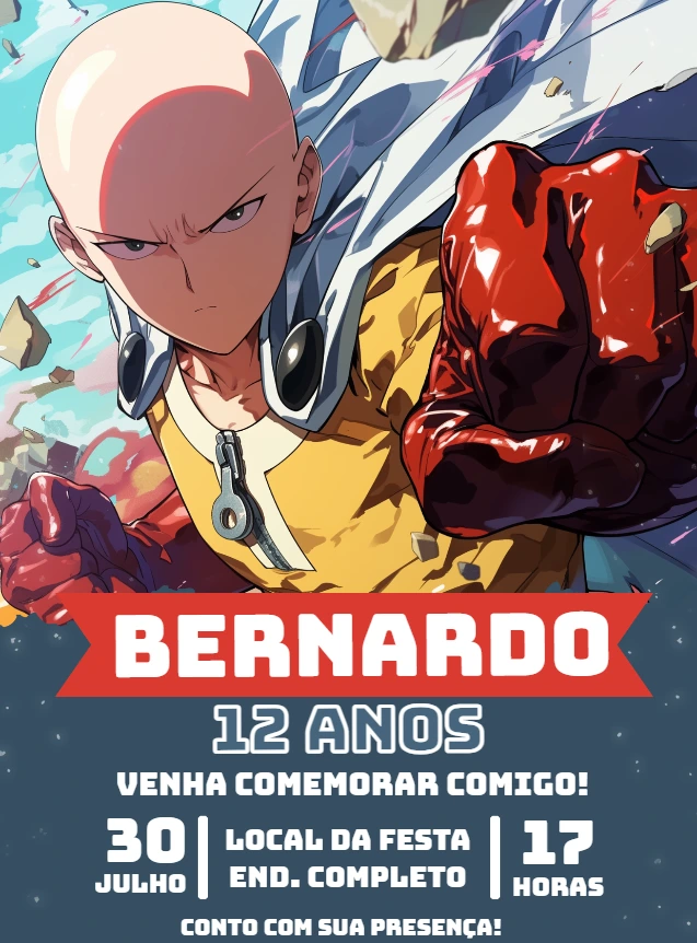 Convite de Aniversário Saitama One Punch-Man Editável