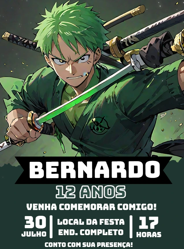 Convite Aniversário Zoro One Piece para Editar Online