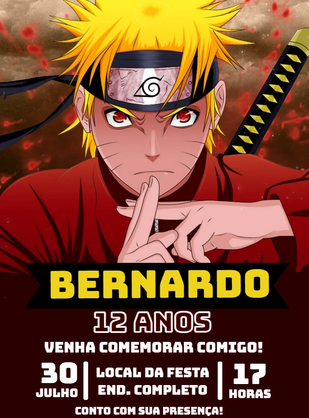 Convite de Aniversário Naruto Uzumaki para Editar Online