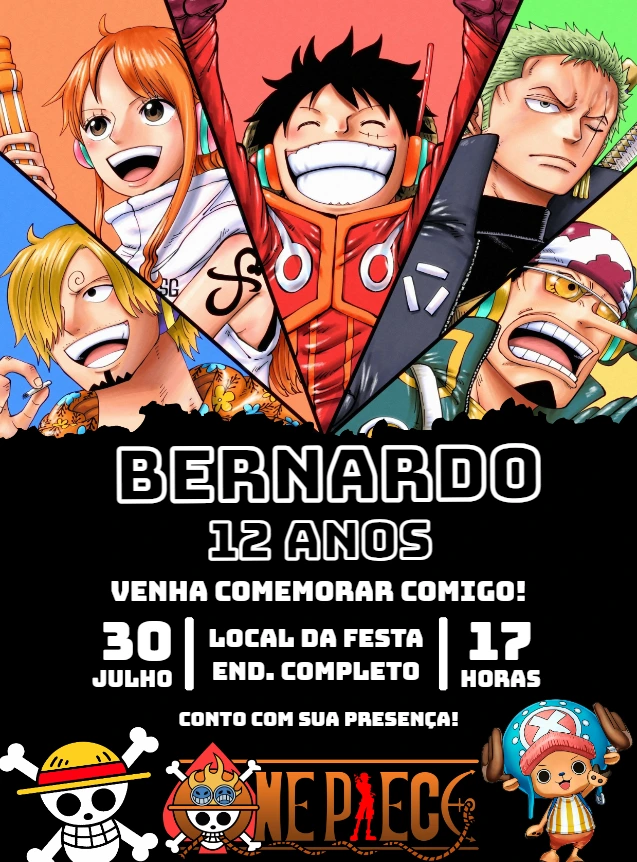 Convite de Aniversário One Piece com Personagens para Editar