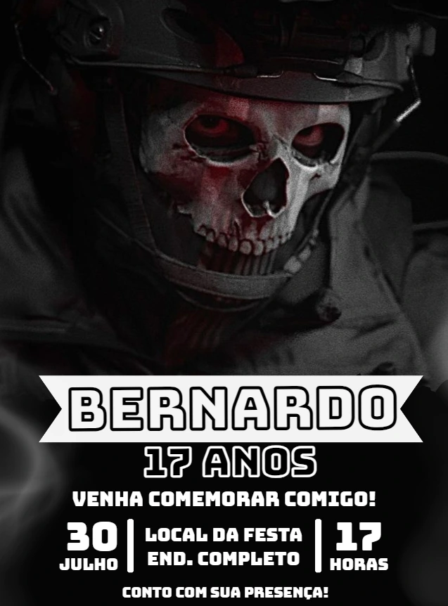 Convite Aniversário Ghost Call of Duty para Editar Online