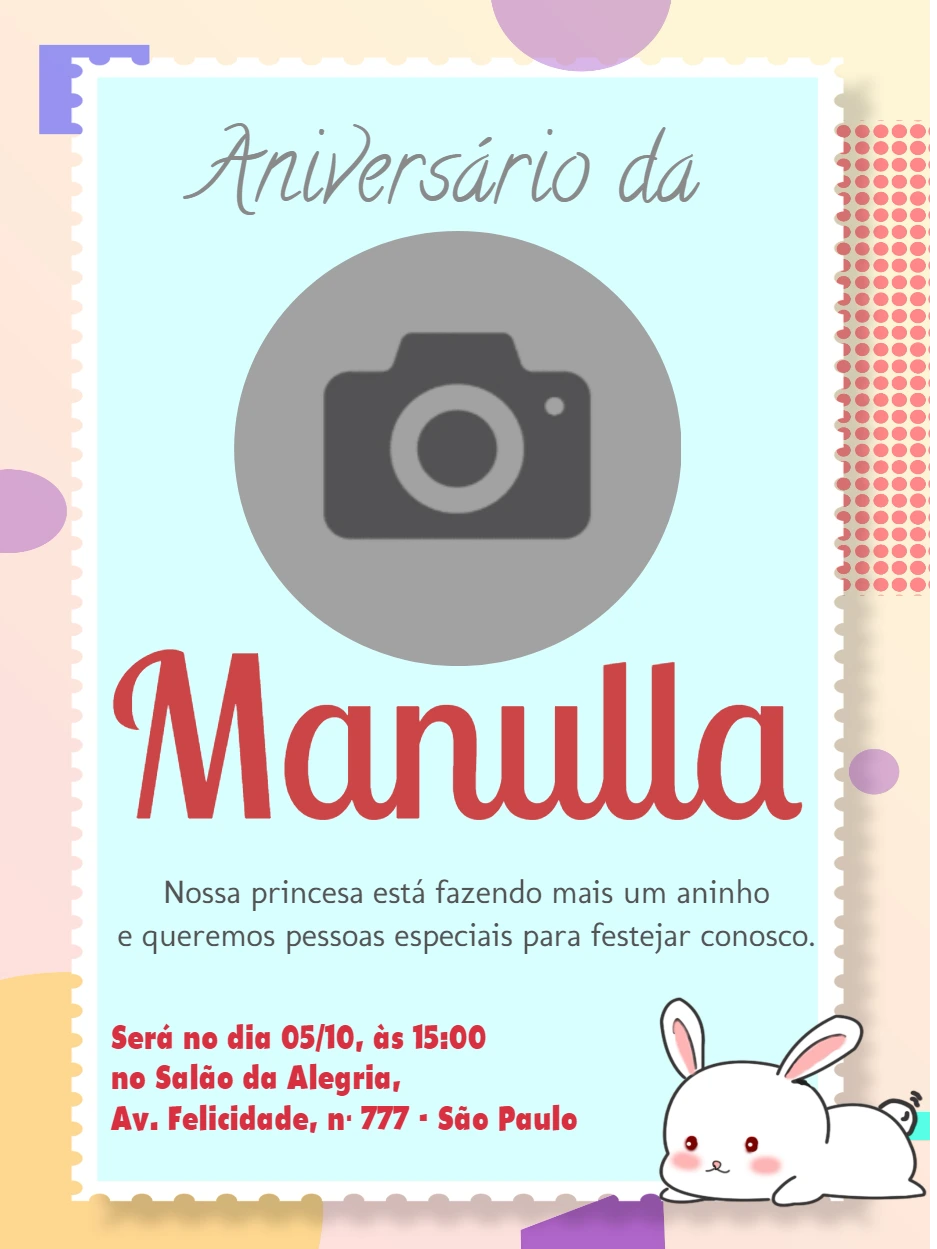 Convite Aniversário Coelhinha com Foto para Editar Online