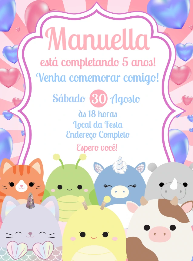 Convite de Aniversário Squishmallows para Editar Online