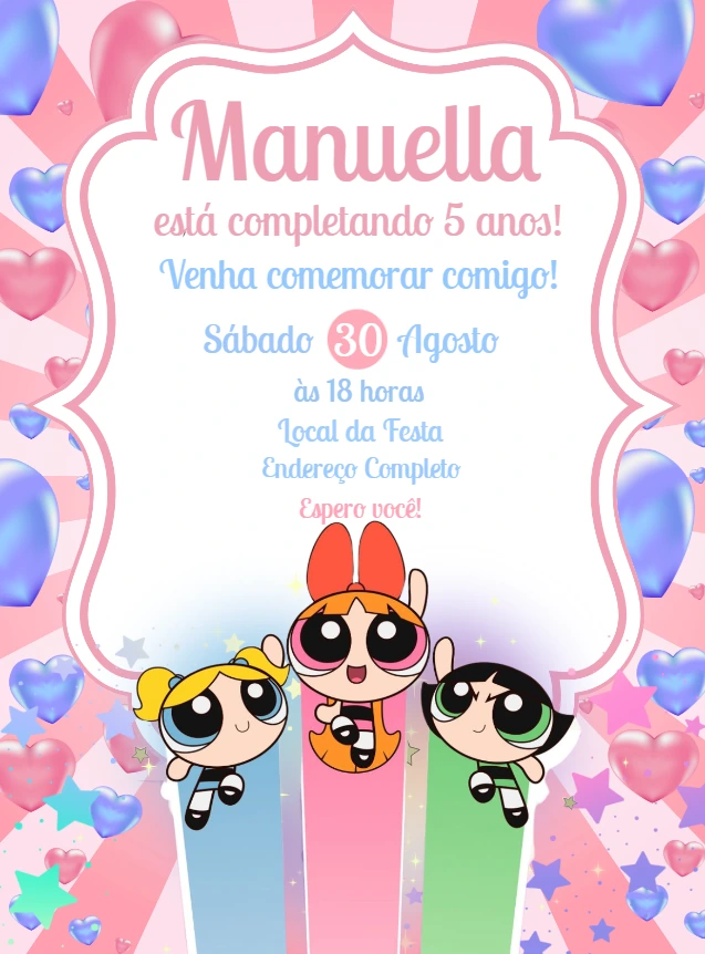 Convite de Aniversário Meninas Super Poderosas para Editar