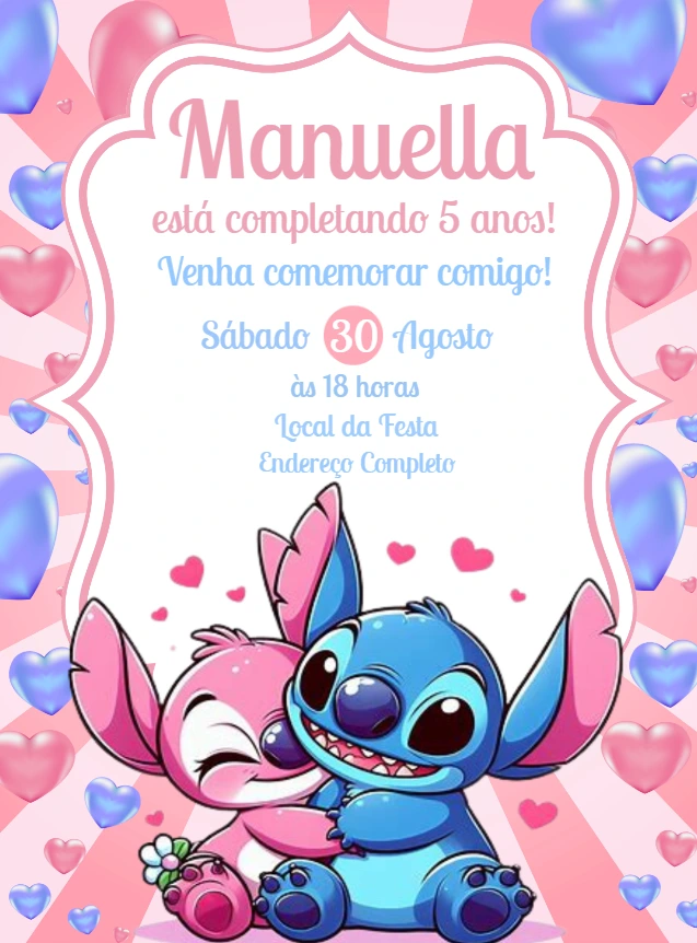 Convite Aniversário Stitch e Angel para Editar Online
