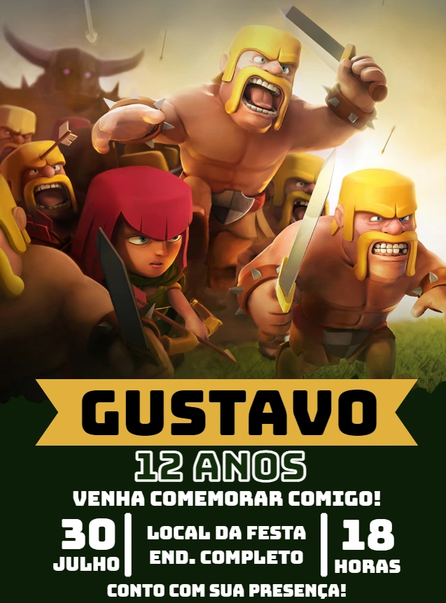 Convite Aniversário Clash Royale com Personagens para Editar