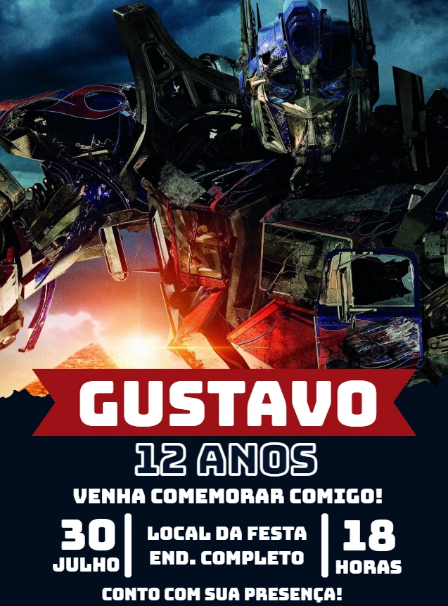 Convite Aniversário Transformers com Optimus Prime para Editar