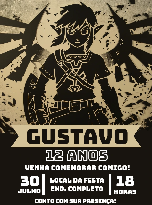 Convite Aniversário Zelda com Link para Editar Online