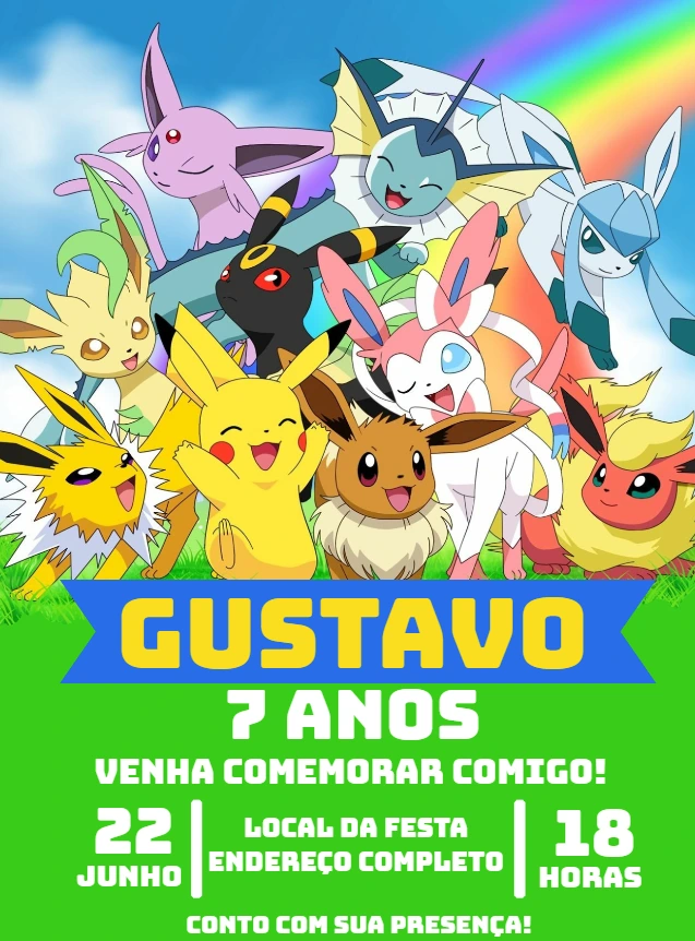Convite de Aniversário Pokémon com Eevee e Pikachu para Editar