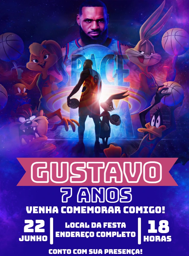 Convite Aniversário Space Jam com Personagens para Editar Online