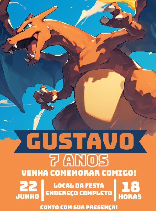 Convite de Aniversário Charizard Pokémon para Editar Online