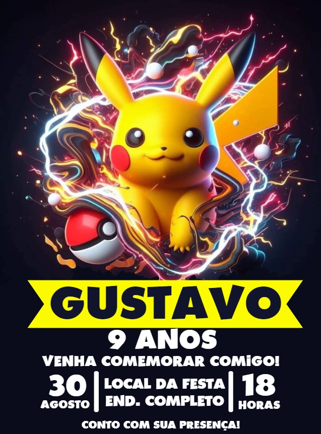 Convite de Aniversário Pikachu Editável Online para Imprimir