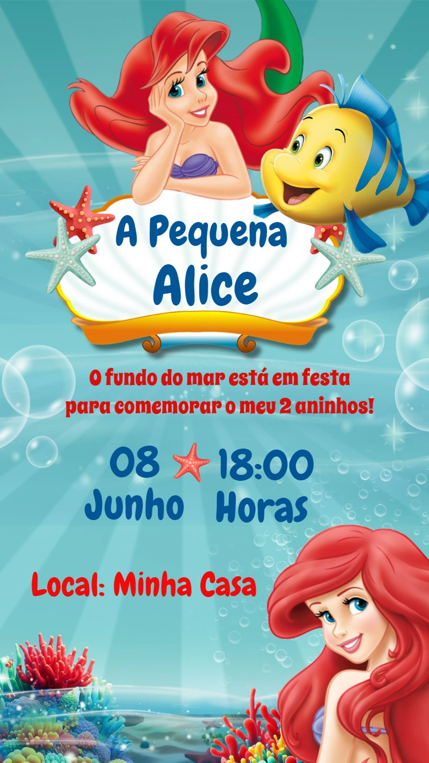 Convite Aniversário Pequena Sereia Ariel para Editar Online