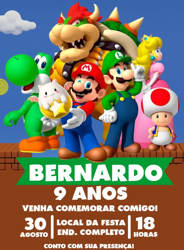 Convite de Aniversário Super Mario com Personagens para Editar