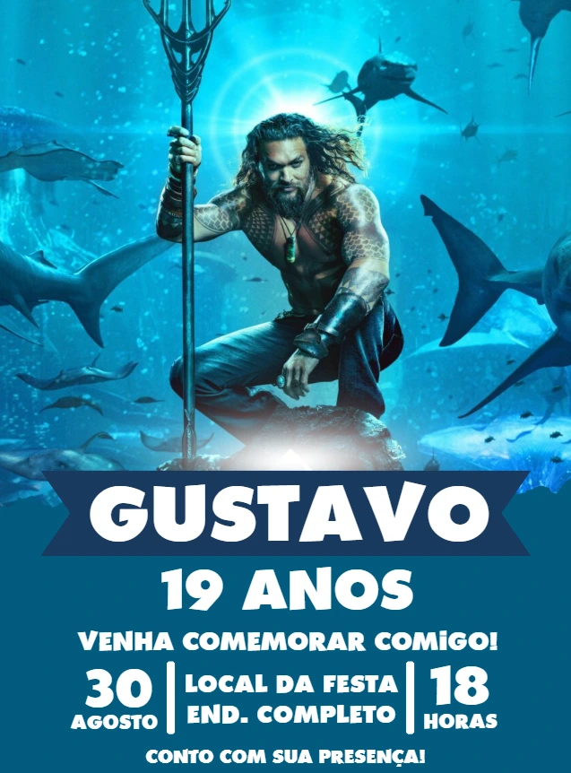 Convite de Aniversário Aquaman Editável para Enviar Online