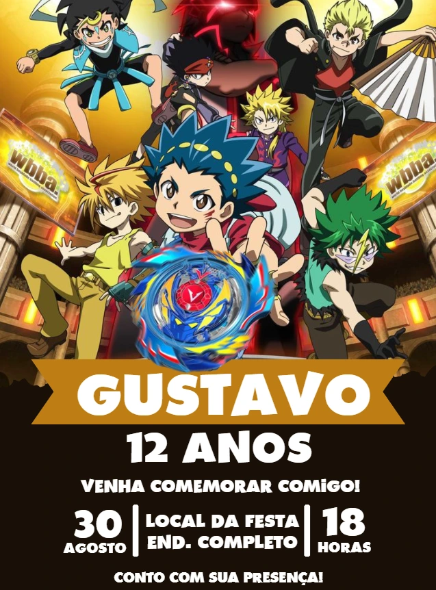 Convite de Aniversário Beyblade com Personagens para Editar