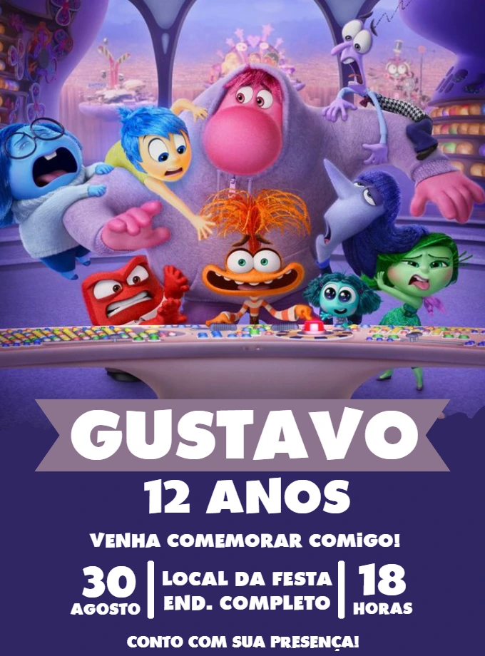 Convite de Aniversário Divertida Mente 2 com Personagens para Editar