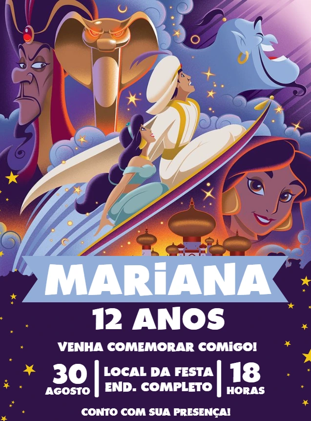 Convite Aniversário Aladdin e Jasmine para Editar Online