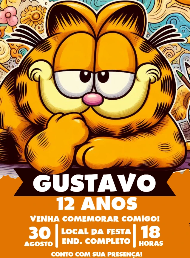 Convite de Aniversário Garfield para Editar Online
