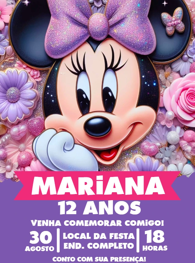Convite Aniversário Minnie Lilás e Rosa para Editar Online