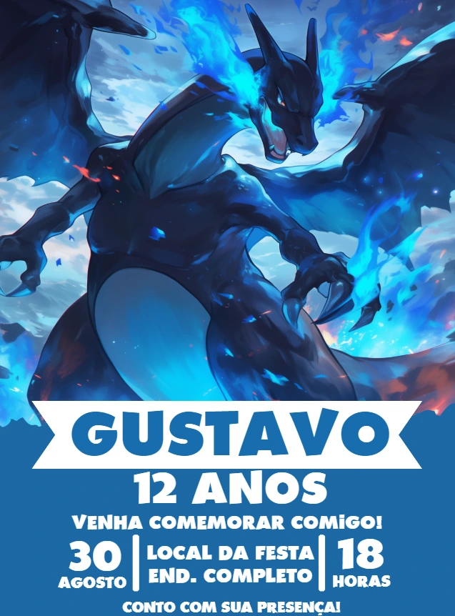 Convite Aniversário Pokémon Mega Charizard para Editar Online
