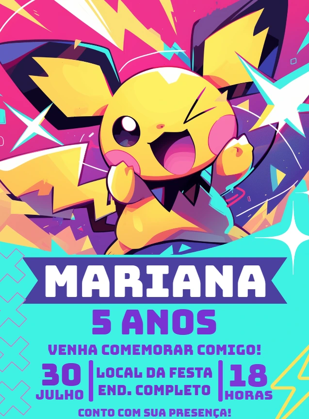 Convite de Aniversário Pokémon Pichu para Editar Online