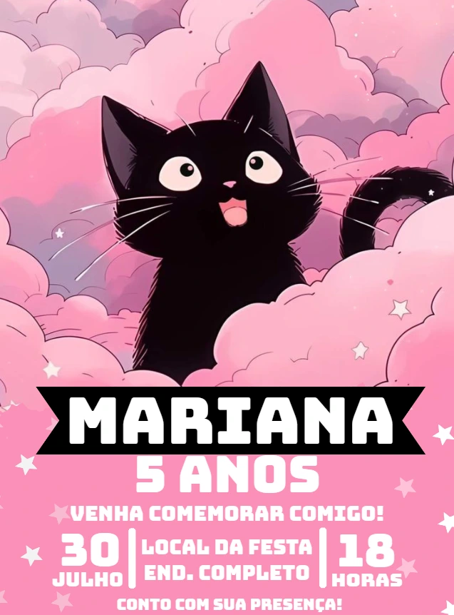 Convite Aniversário Gatinho Preto Fofo para Editar Online