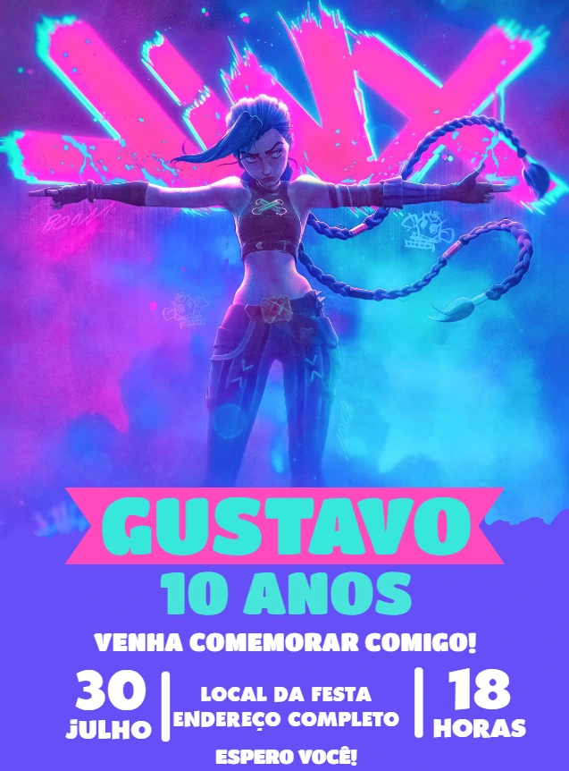 Convite de Aniversário Jinx Arcane Editável para Imprimir