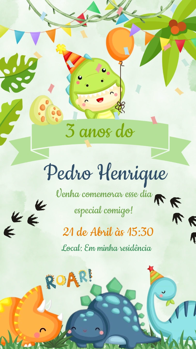 Convite de Aniversário Dino Baby Fofo para Editar Online